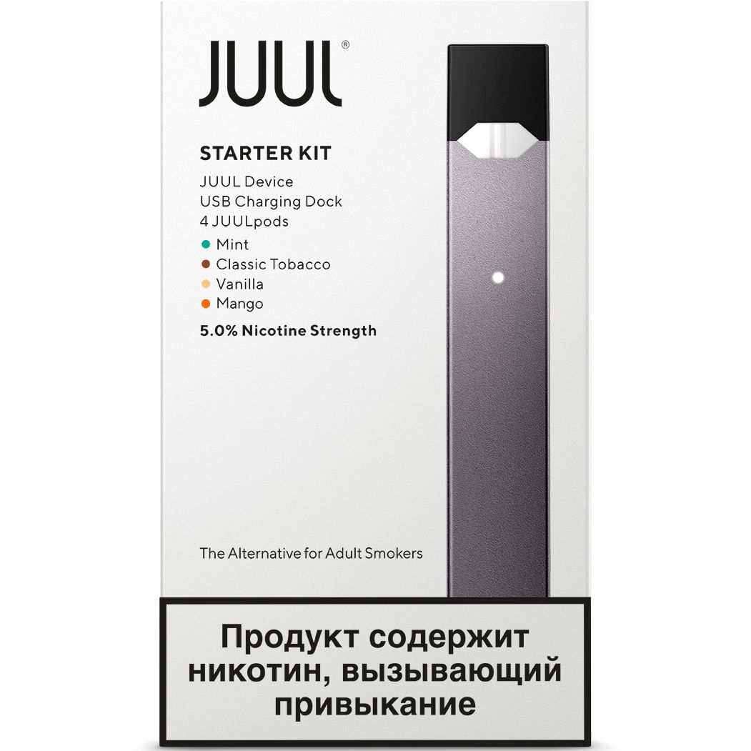 Набор <b>JUUL</b> Black с <b>картриджами</b> <b>Mango</b>, Classic Tobacco, Vanilla, Mint 4шт.